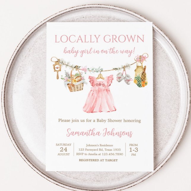 Girl Locally Grown Baby Shower Invitation (Girl Locally Grown Clothesline Baby Shower Invitation)