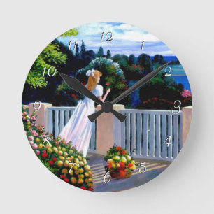 Girl looking out over the Mediterranean Sea Round Clock