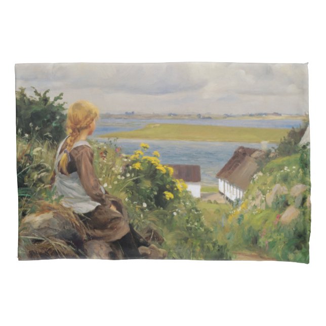 Girl Lost in Thought (by H.A. Brendekilde) Pillow Case (Front-Left)