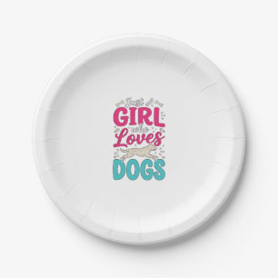 Girl Loves Dogs Vintage Engraving Typography Desig Paper Plates