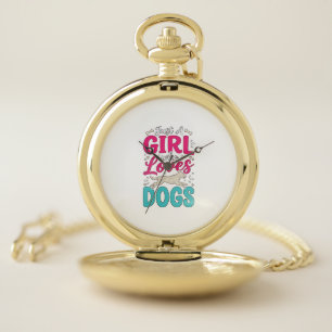 Girl Loves Dogs Vintage Engraving Typography Desig Pocket Watch