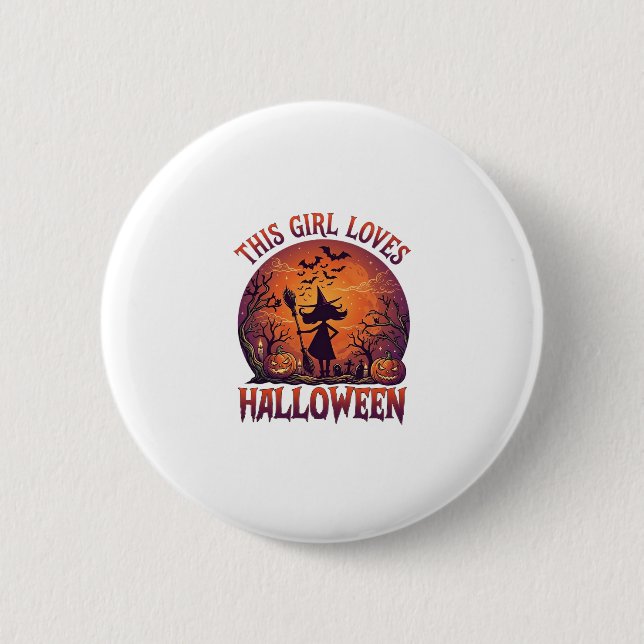 Girl Loves Halloween Witch Pumpkins Bats_1 Button (Front)
