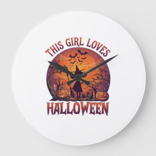Girl Loves Halloween Witch Pumpkins Bats_1 Large Clock