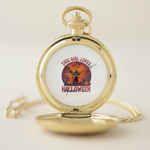 Girl Loves Halloween Witch Pumpkins Bats_1 Pocket Watch