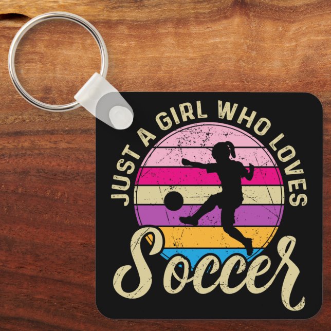 Girl Loves Soccer Colorful Sunset Keychain (Front)