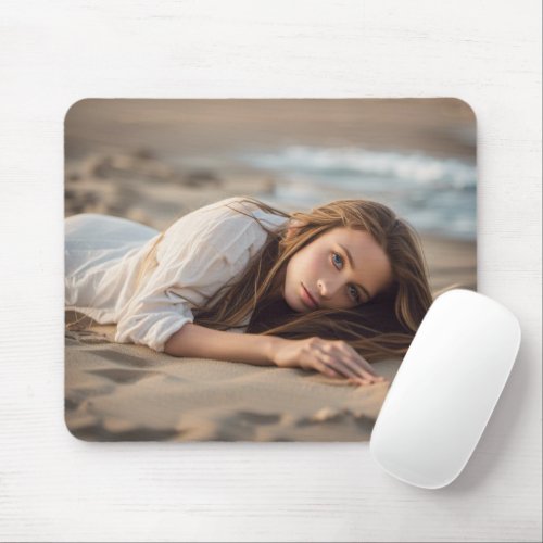 Girl Lying In Beach Sand Mouse Pad