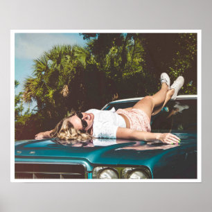 Girl lying on vintage 50s car photo poster