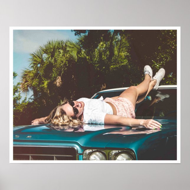 Girl lying on vintage 50s car photo poster (Front)