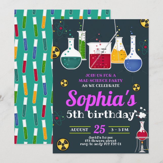 Girl Mad Scientist Caution Birthday Party Invitation (Front/Back)