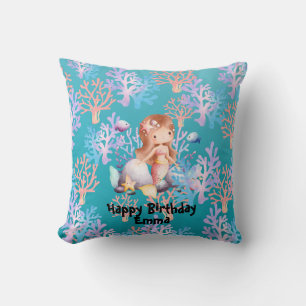 girl magical mermaid under the sea rainbow pastel throw pillow