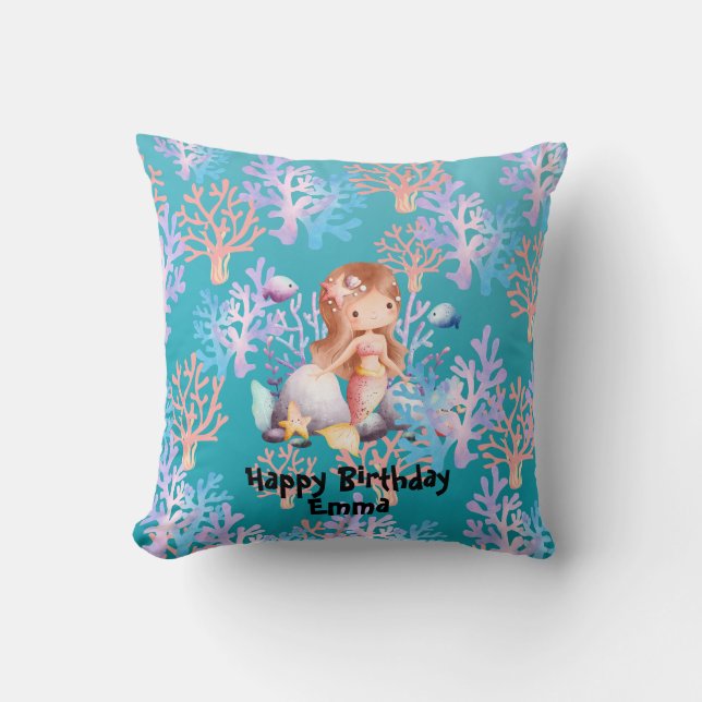 girl magical mermaid under the sea rainbow pastel throw pillow (Front)