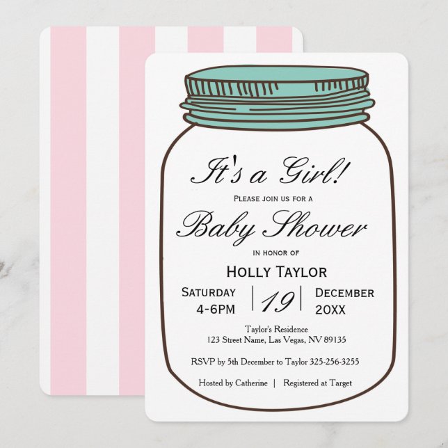 Girl Mason Jar Baby Shower Invitation (Front/Back)
