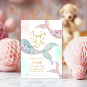 Girl Mermaid 1st Birthday  Invitation