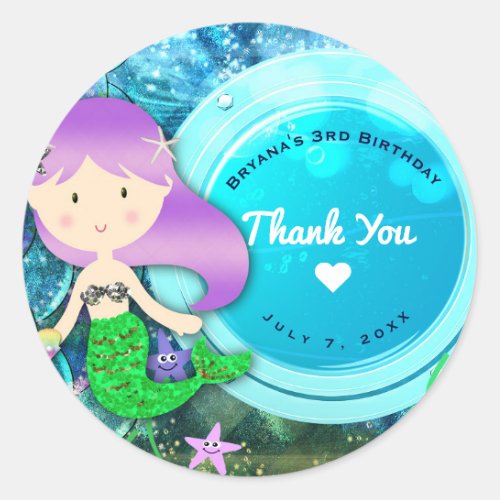 Girl Mermaid Birthday Party Enchanted Sea Favor Classic Round Sticker
