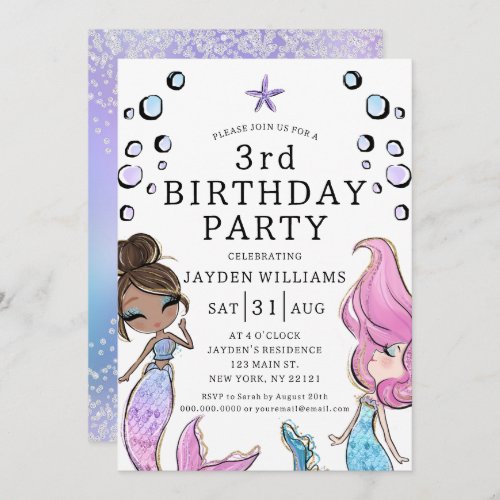 Girl Mermaid Pink Purple Kids Birthday Invitation
