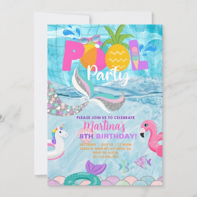Girl mermaid pool party, pool bash summer invite. invitation (Front)