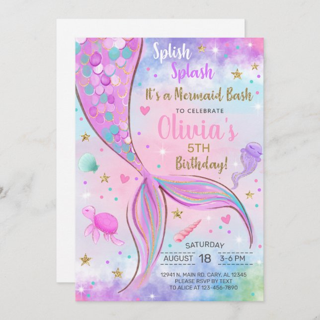 Girl mermaid watercolor and gold birthday invite. invitation (Front/Back)