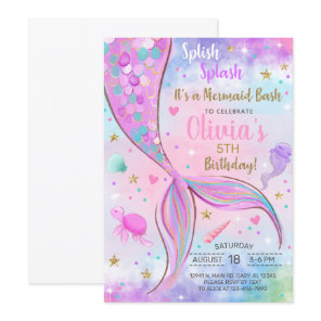 Girl mermaid watercolor and gold birthday invite. invitation