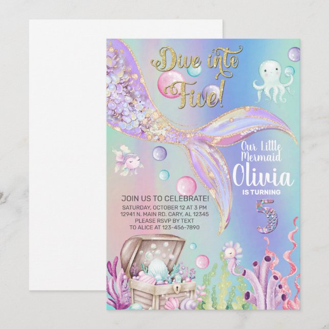 Girl mermaid watercolor and gold birthday invite. invitation (Front/Back)