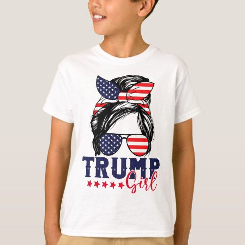 Girl Messy Bun Trump 2024 Election American Flag  T_Shirt