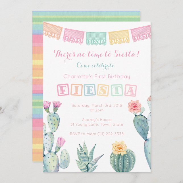 Girl Mexican Birthday Party Fiesta, No Siesta Invitation (Front/Back)