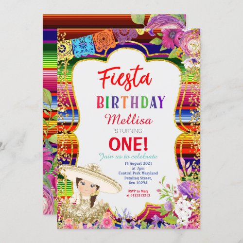 Girl Mexican Fiesta Birthday Party Invitation Gold