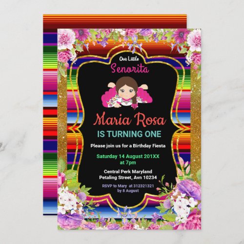 Girl Mexican Fiesta Floral 1st birthday invitation