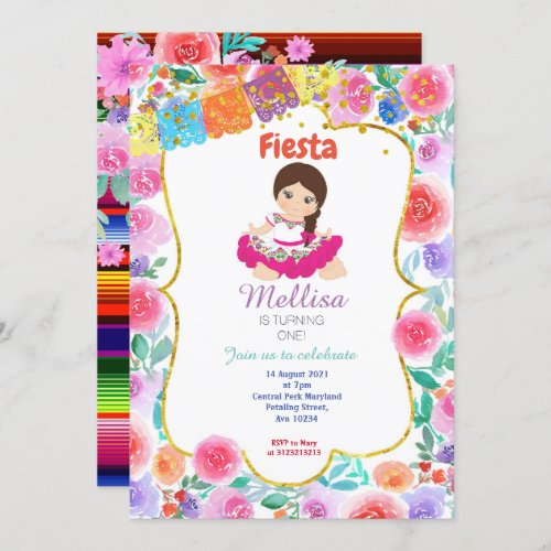 Girl Mexican Pink Birthday Party Invitation Gold