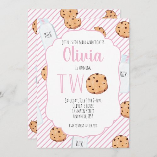 Girl Milk and Cookies Pink 2nd Birthday Invitation