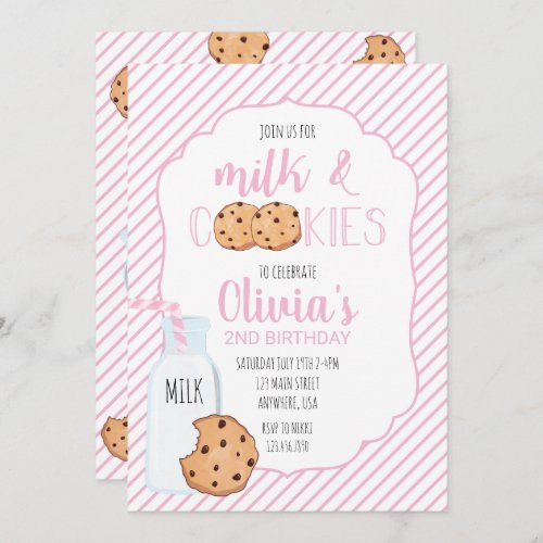 Girl Milk and Cookies Pink Birthday Invitation