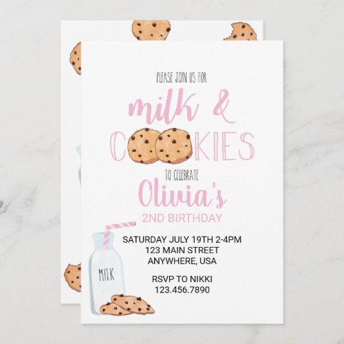 Girl Milk and Cookies Pink Birthday Invitation