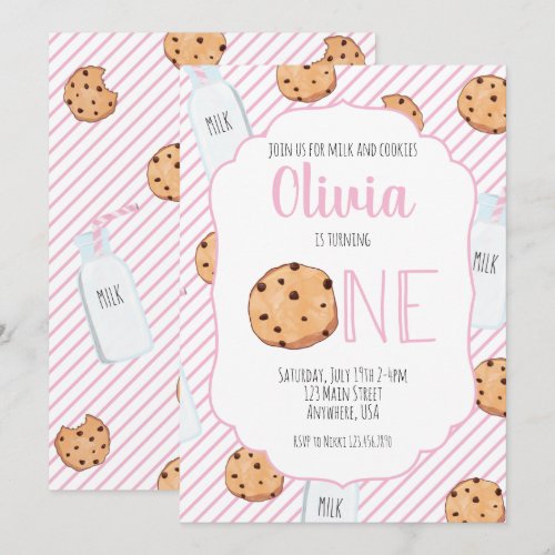 Girl Milk and Cookies Pink first Birthday Invitati