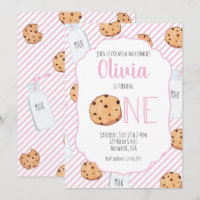 Girl Milk and Cookies Pink first Birthday Invitati