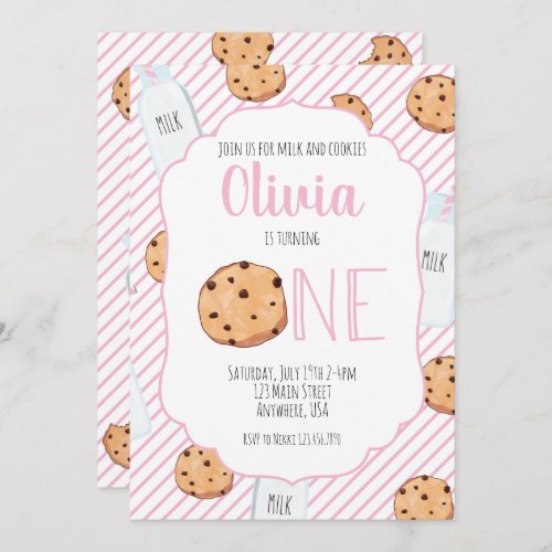 Girl Milk and Cookies Pink first Birthday Invitati Invitation