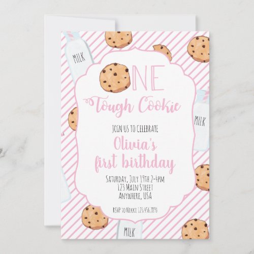 Girl Milk and Cookies Pink first Birthday Invitation