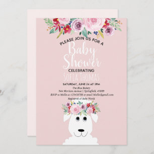 Girl Modern Watercolor Lamb & Flowers Baby Shower Invitation