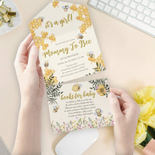 Girl Mommy to Bee Cute Honeycomb Baby Shower All In One Invitation