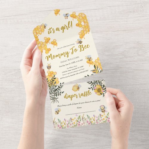 Girl Mommy to Bee Watercolor Baby Shower All In One Invitation