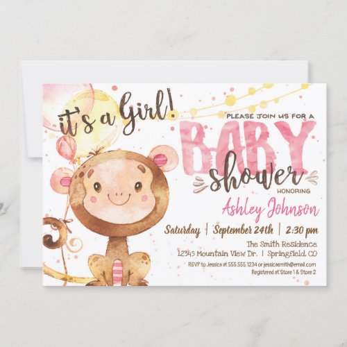 Girl Monkey Baby Shower invitation