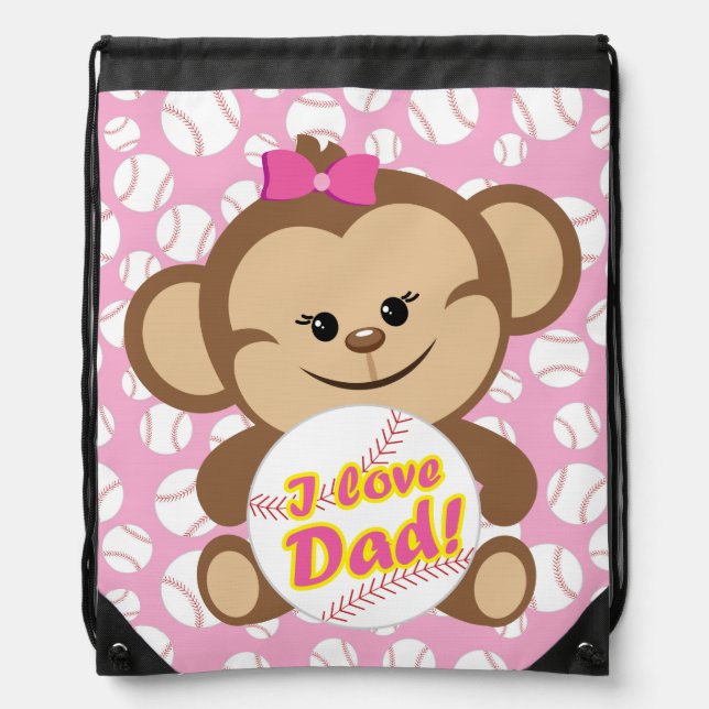 Girl Monkey Baseball I Love Dad Drawstring Bag (Front)