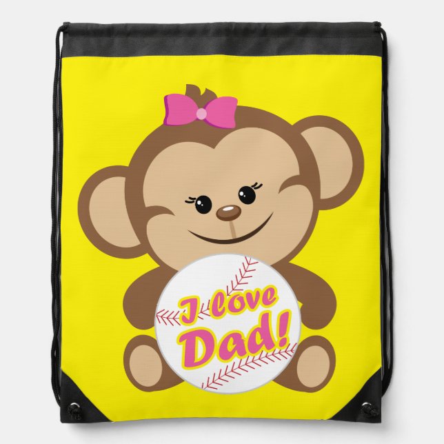 Girl Monkey Baseball I Love Dad Drawstring Bag (Front)