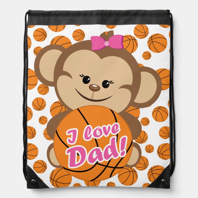 Girl Monkey Basketball I Love Dad Drawstring Bag (Front)