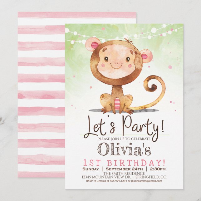 Girl Monkey Birthday Party Invitation (Front/Back)