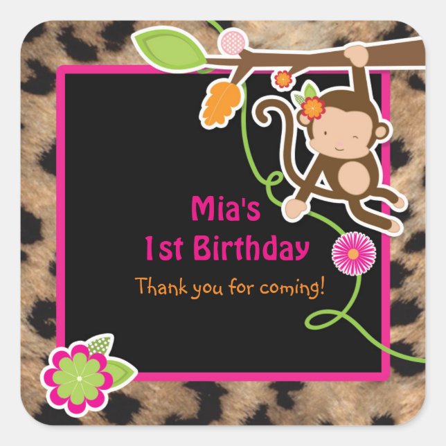 Girl Monkey Chic Safari Jungle Favor Stickers (Front)