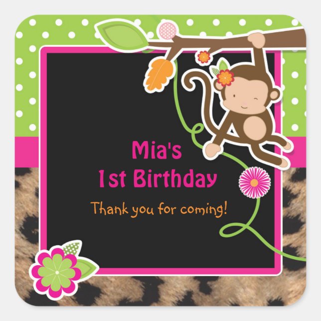 Girl Monkey Chic Safari Jungle Favor Stickers (Front)