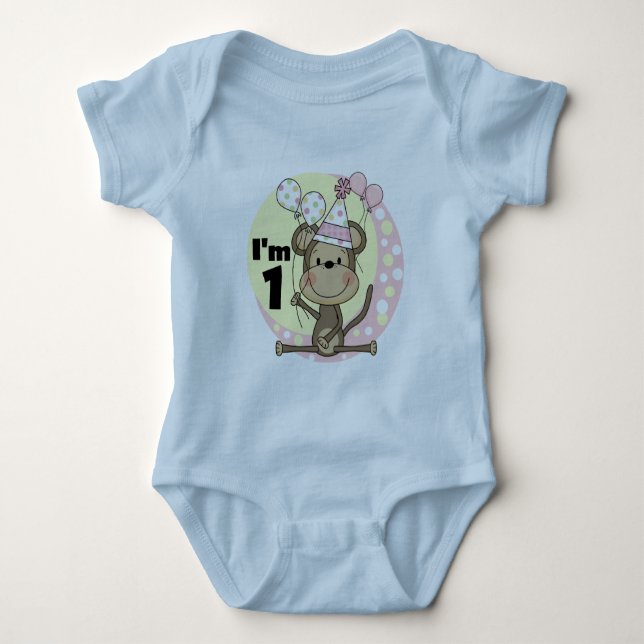 Girl Monkey in Party Hat 1st Birthday Baby Bodysuit (Front)