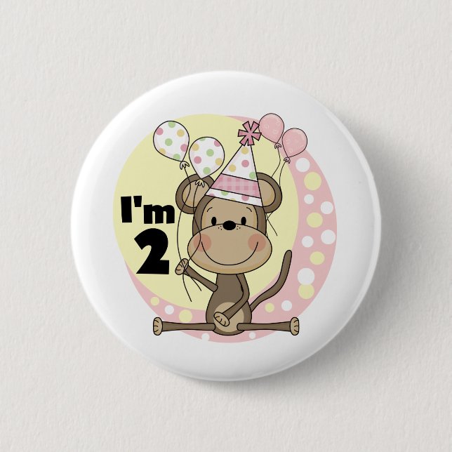 Girl Monkey in Party Hat 2nd Birthday Button (Front)