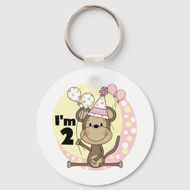 Girl Monkey in Party Hat 2nd Birthday Keychain (Front)
