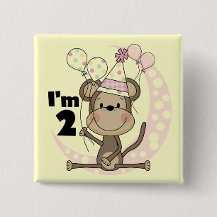 Girl Monkey in Party Hat 2nd Birthday Pinback Button