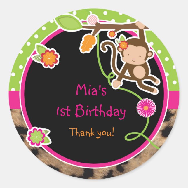 Girl Monkey Jungle Safari Bright Favor Sticker (Front)